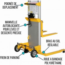 Gerbeur manivelle encadrant Levée 2500mm 181kg zoom sur les bras au sol 