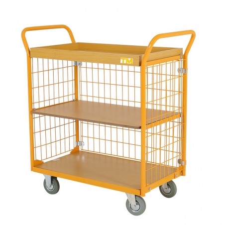 Chariot de Manutention Grillagé 200kg 3 Plateaux vue de 3/4 Chariot de Manutention Grillagé 200kg 3 Plateaux vue de 3/4