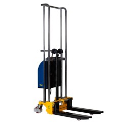 Vue 3/4 arrière du Mini gerbeur table semi-électrique 1700mm - fourches basses