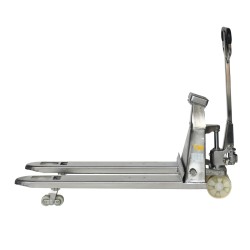 Vue de profil du transpalette peseur inox 316 2000kg - fourches levées