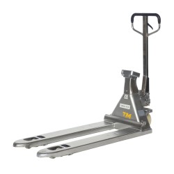 Vue de 3/4 arrière du transpalette peseur inox 316 2000kg