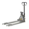 Vue de 3/4 arrière du transpalette peseur inox 316 2000kg