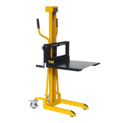 Vue de 3/4 du Gerbeur poste de travail à manivelle 80 kg Levée 1100mm - plateau mi-haut