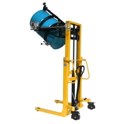 Vue d'ensemble du Gerbeur retourneur de fût surbaissé 350kg levée 1500mm avec fût retourné