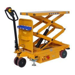 Vue de 3/4 arrière de la table élévatrice électrique double ciseaux 500kg - plateau mi-haut