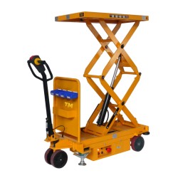 Vue de 3/4 arrière de la table élévatrice électrique double ciseaux 500kg - plateau haut
