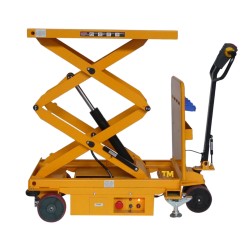 Vue de profil de la table élévatrice électrique double ciseaux 500kg - plateau mi-haut