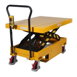 Vue de 3/4 arrière de la table élévatrice  mobile semi-électrique 1000kg simple ciseaux - plateau mi-haut