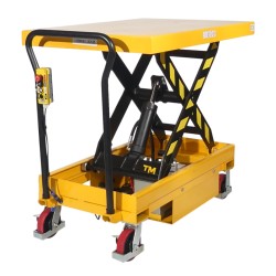 Vue de 3/4 arrière de la table élévatrice  mobile semi-électrique 1000kg simple ciseaux - plateau haut