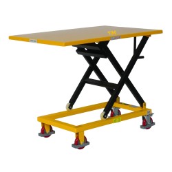Vue de 3/4 arrière de la table élévatrice à manivelle 300kg plateau 1150x750mm - position haute