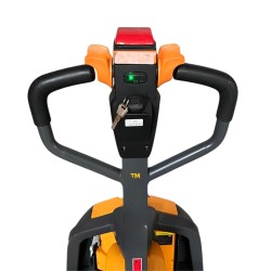 Vue de face du timon du Transpalette électrique 1500 kg fourches 1150 mm batterie lithium 30 Ah