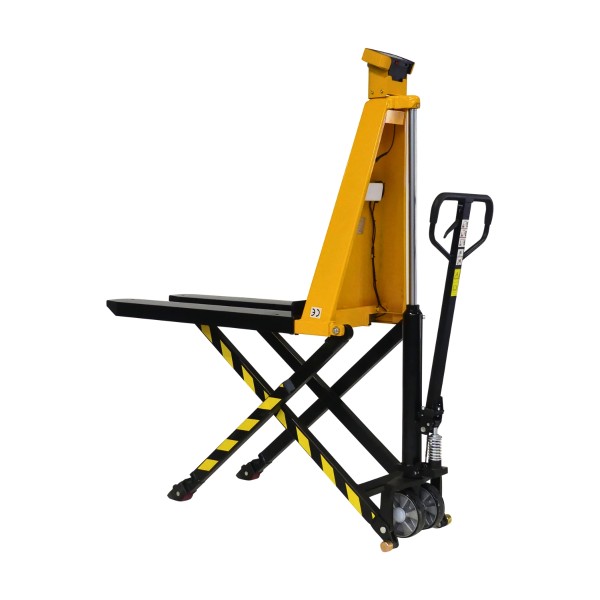 Vue 3/4 transpalette manuel peseur haute levée 1500 kg fourches 1160 mm