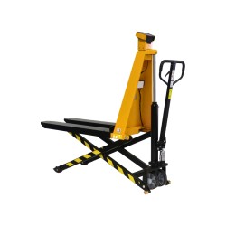 Vue 3/4 transpalette manuel peseur haute levée 1500 kg fourches 1160 mm à mi-hauteur