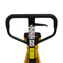 Photo d'un timon de transpalette manuel peseur haute levée 1500 kg fourches 1160 mm