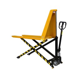 Vue 3/4 transpalette manuel haute levée monocylindrique 1000 kg fourches 1500 mm largeur 680 mm