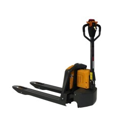 Vue 3/4 face de Transpalette électrique 1500 kg fourches 1150 mm batterie lithium 30 Ah