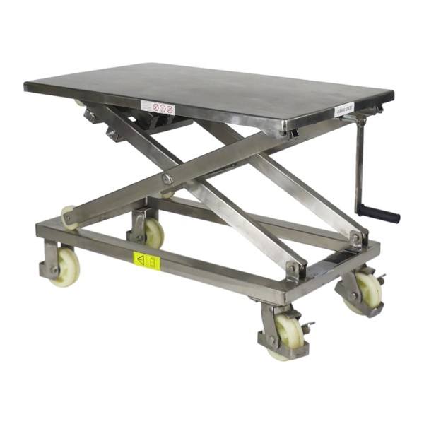 Vue générale de la table élévatrice 300 kg à manivelle inox - plateau 950 x 600 mm