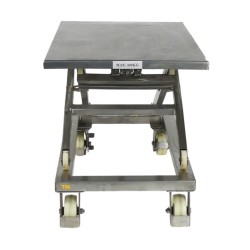 Vue de face de la table élévatrice 300 kg à manivelle inox - plateau 950 x 600 mm