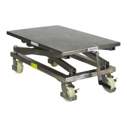 Vue de 3/4 de la table élévatrice 300 kg à manivelle inox - plateau 950 x 600 mm