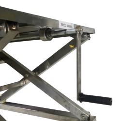 Vue de la manivelle de la table élévatrice 300 kg à manivelle inox - plateau 950 x 600 mm