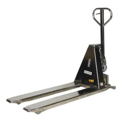 Vue basse de 3/4 du transpalette manuel haute levée inox 316 - 1000kg Fourches 1170mm