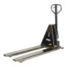 Vue basse de 3/4 du transpalette manuel haute levée inox 316 - 1000kg Fourches 1170mm