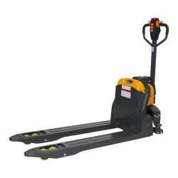 Vue de 3/4 du transpalette électrique Premium 1500 kg fourches 1150 mm batterie lithium 30 Ah