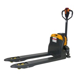 Vue de 3/4 du transpalette électrique Premium 1500kg fourches 1150 mm batterie lithium 40 Ah