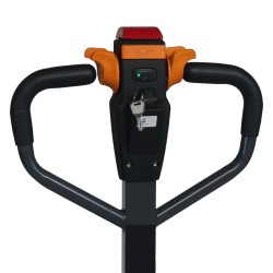 Vue du timon du transpalette électrique Premium 1500kg fourches 1150 mm batterie lithium 40 Ah