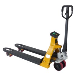 Vue de 3/4 du transpalette manuel peseur waterproof avec batterie 2000kg Précision 0,1%