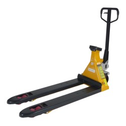 Vue de 3/4 arrière du transpalette manuel peseur waterproof avec batterie 2000kg Précision 0,1%